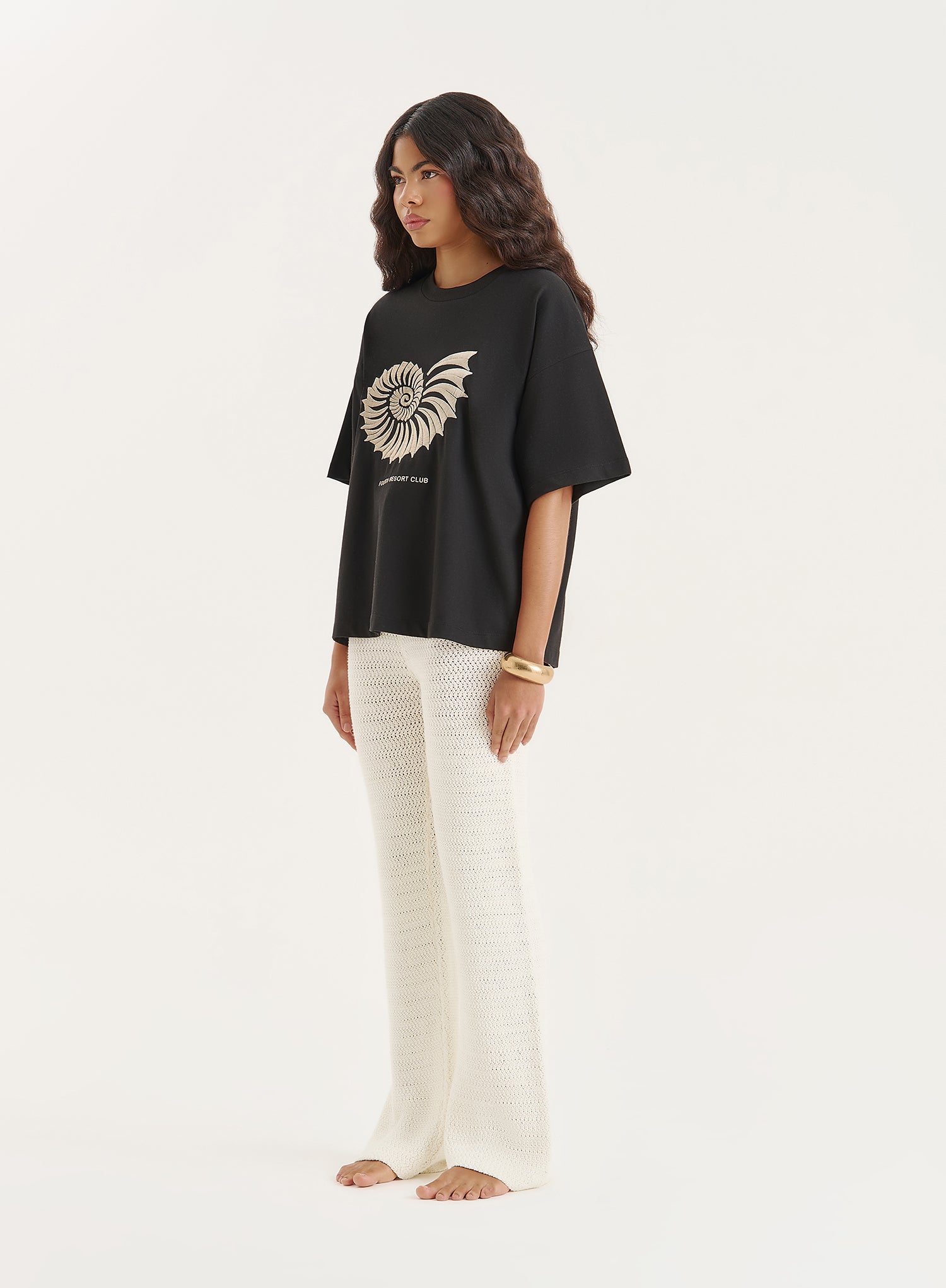 Black Embroidered Shell Oversized T-Shirt